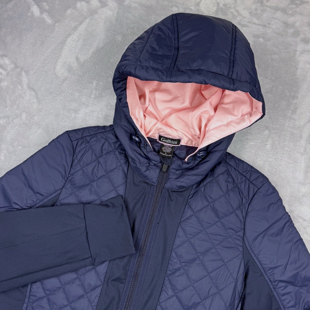 GOLFTINI Jacket Womens L Quilted Hybrid Golf Navy Blue Pink Hooded Hideaway Club